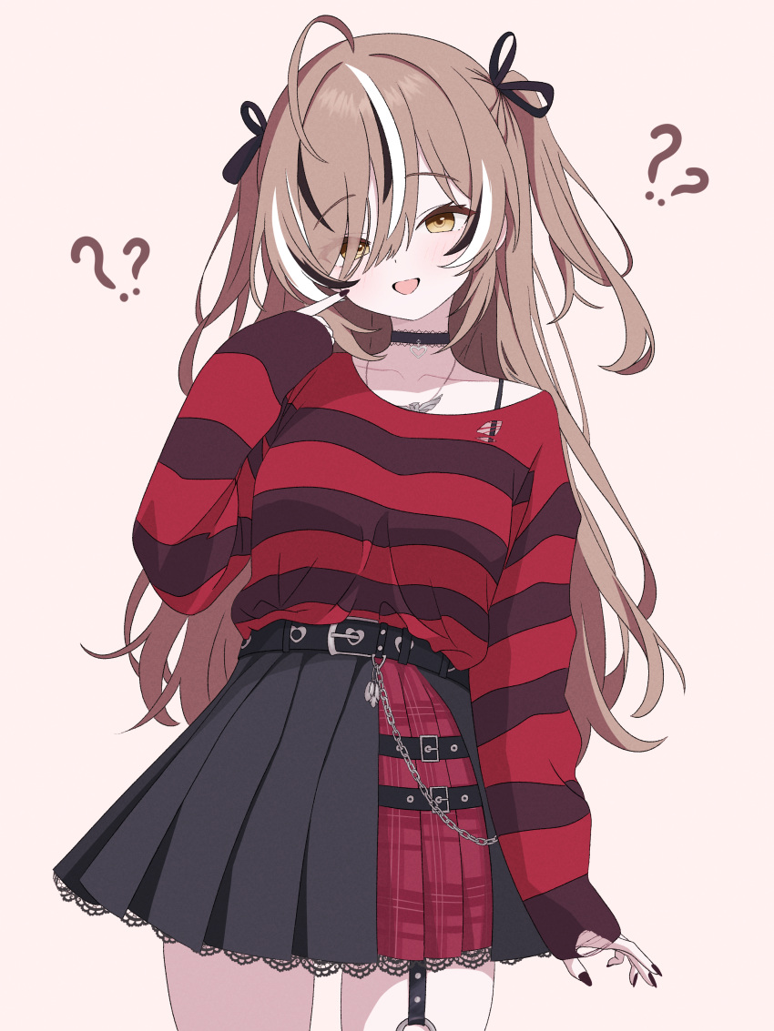 1girl, :d, ?, ??, absurdres, ahoge, belt, belt_buckle