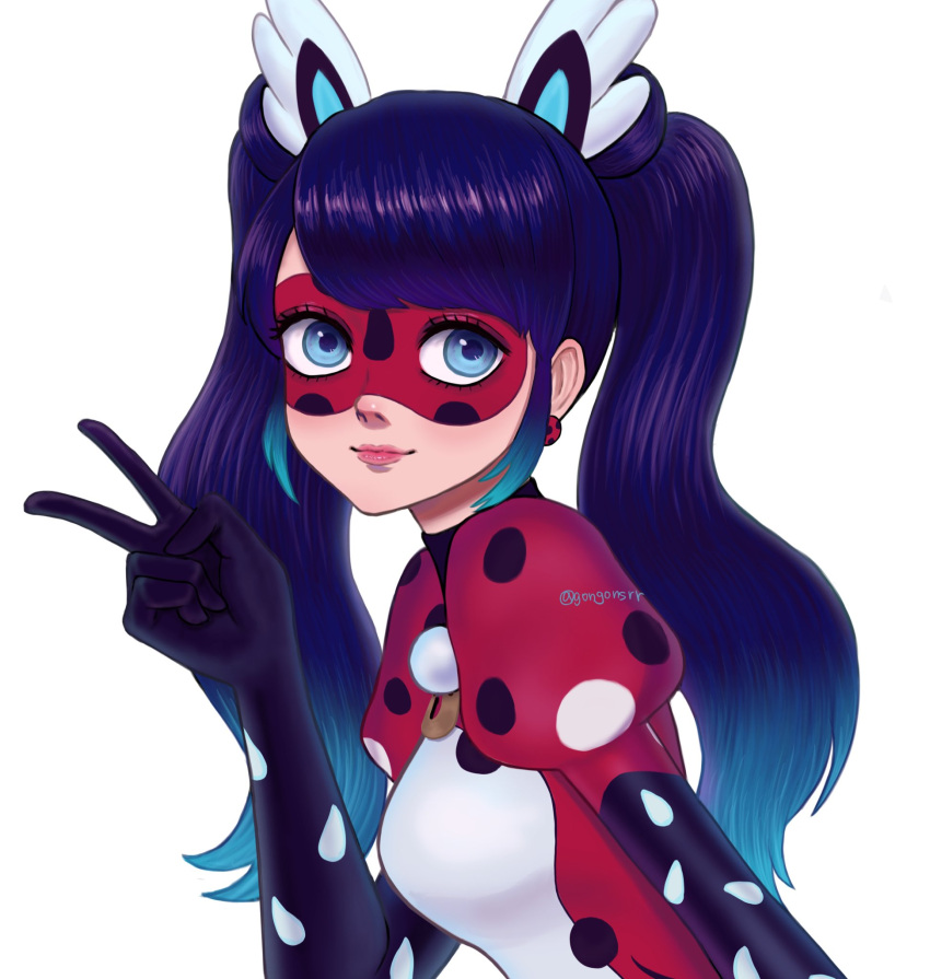 1girl, blue_eyes, blue_hair, bodysuit, earrings, gongonsrr, head_wings, highres, jewelry, marinette_dupain-cheng, miraculous_ladybug, pennybug_(character), red_bodysuit, red_mask, simple_background, smile, solo, superhero_costume, twintails, v, white_background, wings