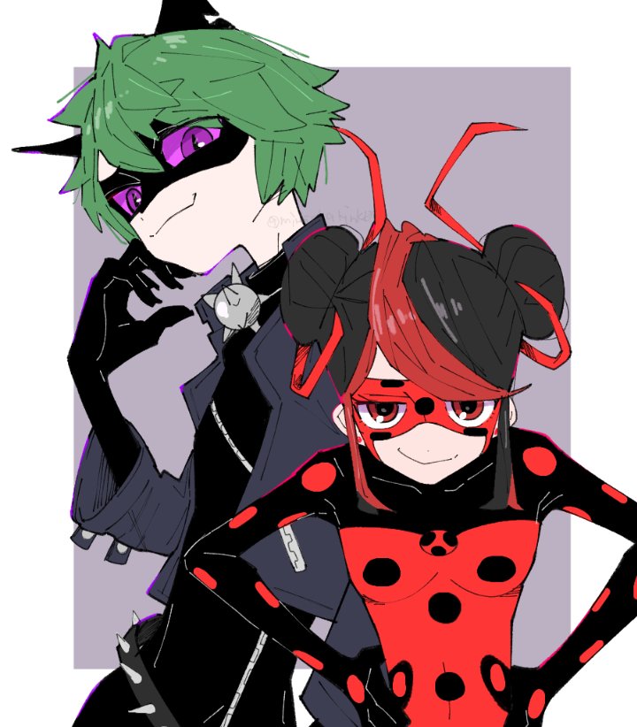 1boy, 1girl, adrien_agreste, animal_ears, bell, black_bodysuit, black_hair, black_mask, bodysuit, cat_boy, cat_ears, claw_noir, closed_mouth, double_bun, green_hair, hair_bun, marinette_dupain-cheng, miracharink0, miraculous_ladybug, purple_background, red_bodysuit, red_mask, shadybug, simple_background, slit_pupils, smile, superhero_costume, violet_eyes