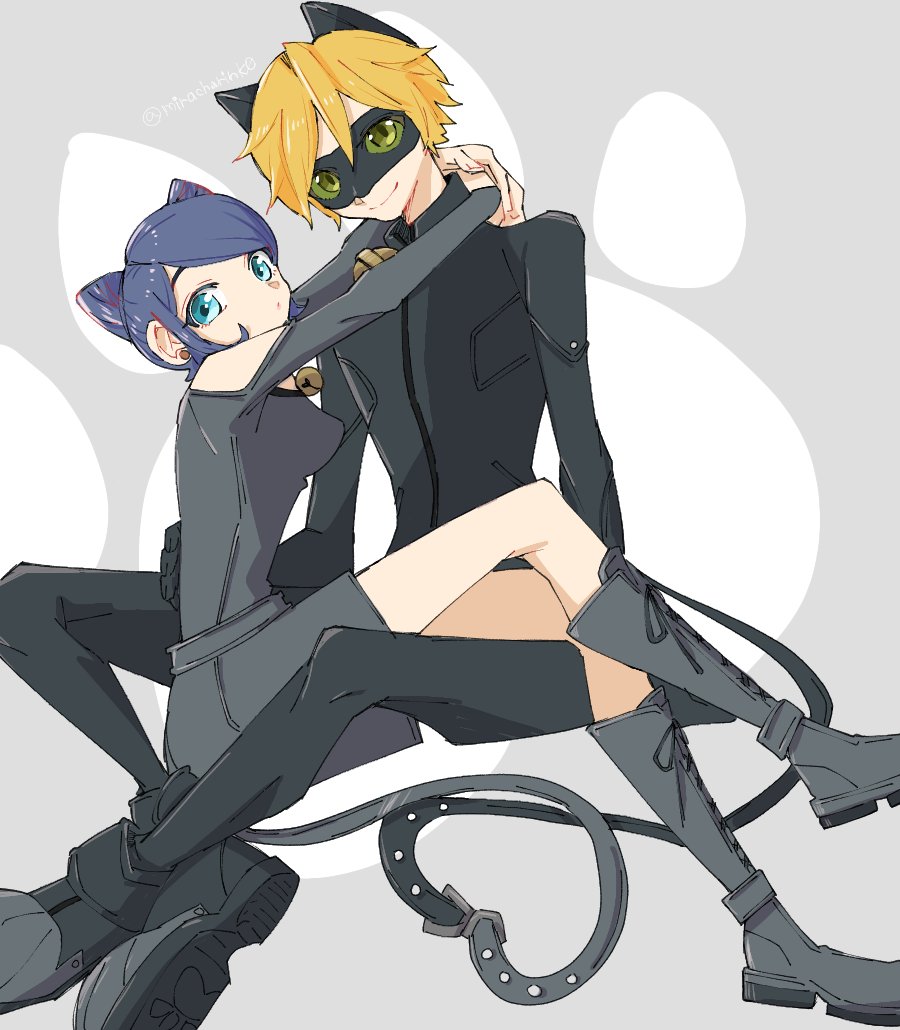 1boy, 1girl, adrien_agreste, animal_ears, bell, black_bodysuit, black_mask, blonde_hair, blue_eyes, blue_hair, bodysuit, cat_boy, cat_ears, chat_noir, closed_mouth, jingle_bell, looking_at_viewer, marinette_dupain-cheng, miracharink0, miraculous_ladybug, short_hair, sitting, sitting_on_lap, sitting_on_person, slit_pupils, smile, superhero_costume