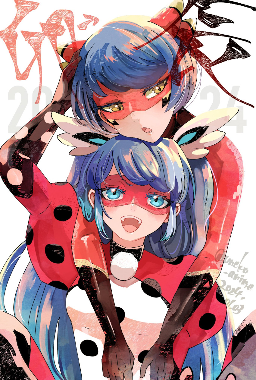 2girls, blue_eyes, blue_hair, bodysuit, head_wings, highres, hug, kagami_tsurugi, long_hair, marinette_dupain-cheng, miraculous_ladybug, multiple_girls, open_mouth, pennybug_(character), red_bodysuit, red_mask, smile, superhero_costume, twintails, uneko_anime, wings, yellow_eyes