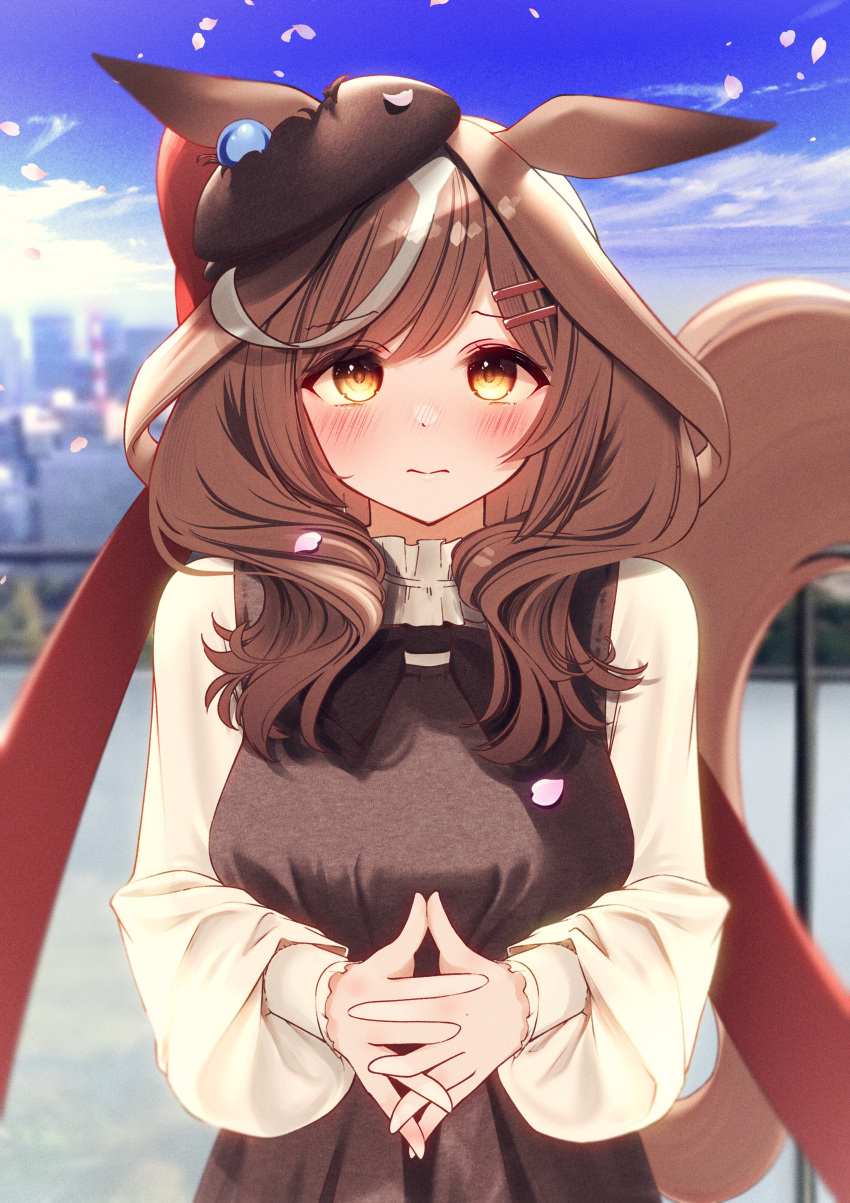 1girl, absurdres, alternate_costume, animal_ears, blurry, blurry_background, blush, bow