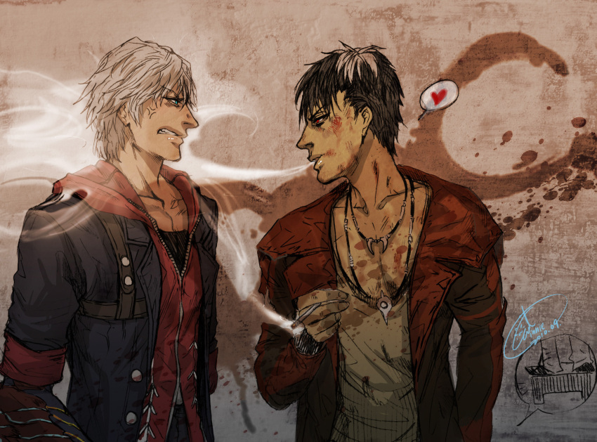 2boys, anger_vein, angry, black_hair, cigarette, dante, dante_(devil_may_cry), devil_may_cry