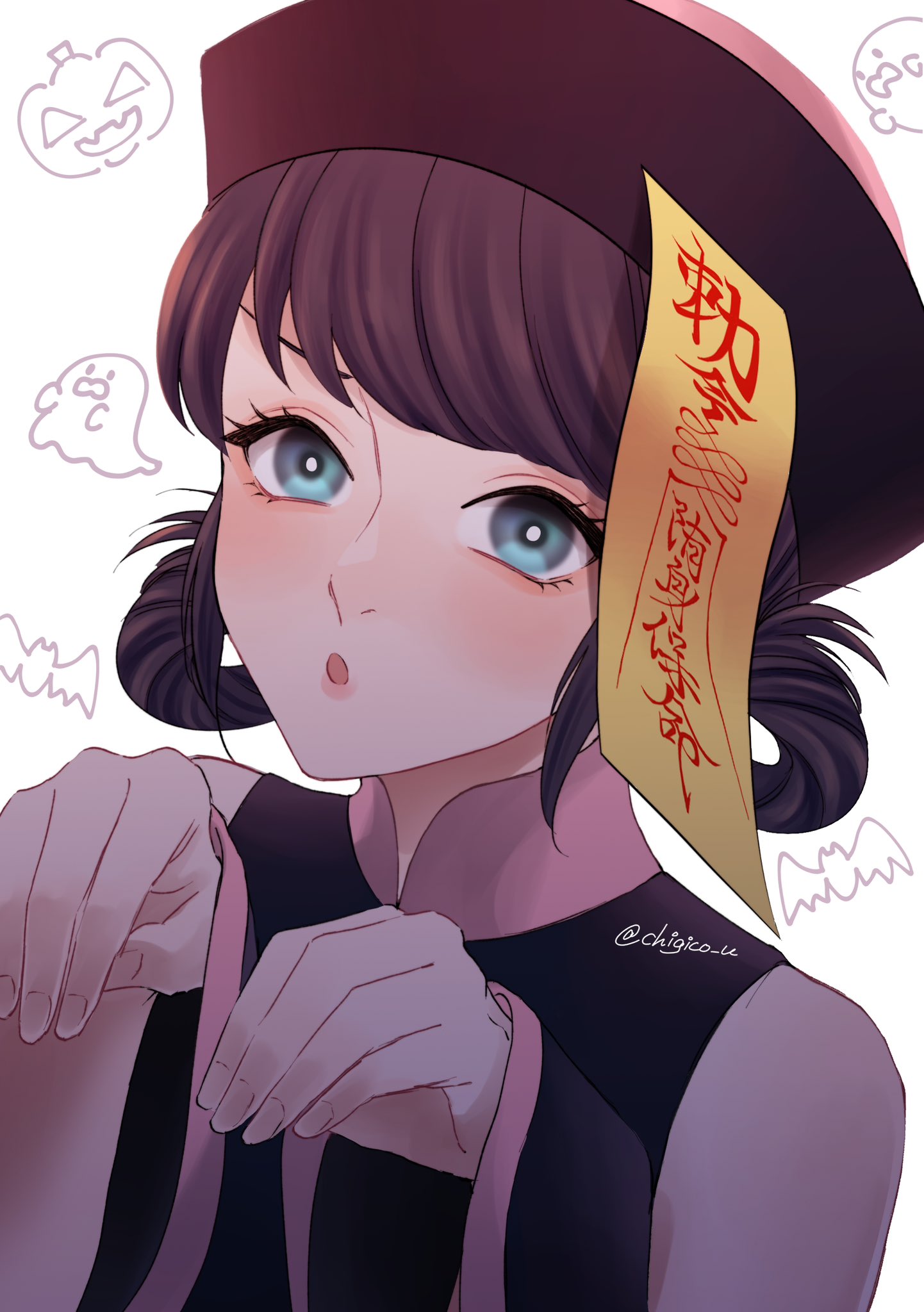 1girl, blue_eyes, blue_hair, chigico_u, china_dress, chinese_clothes, dress, halloween, halloween_costume, hat, highres, looking_at_viewer, marinette_dupain-cheng, miraculous_ladybug, short_twintails, solo, twintails, upper_body