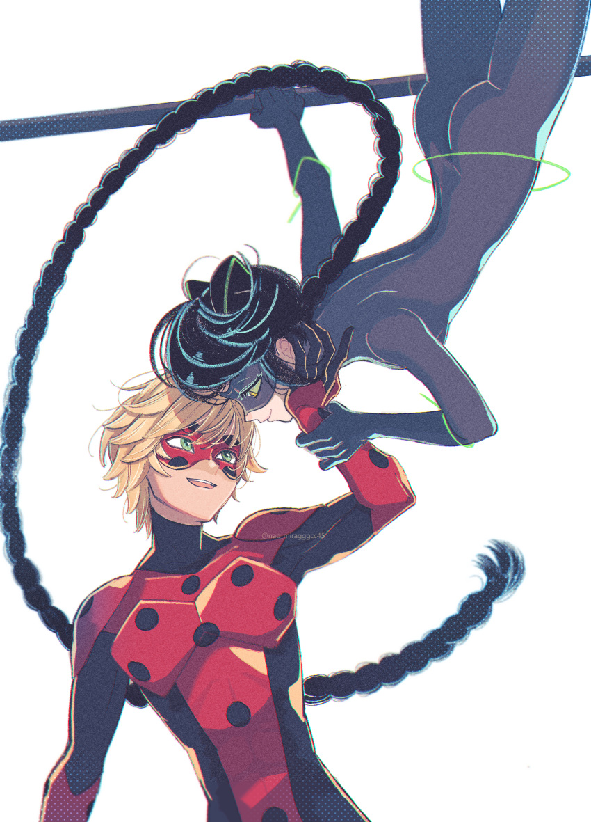 1boy, 1girl, adrien_agreste, animal_ears, black_bodysuit, black_hair, black_mask, bodysuit, braid, cat_ears, green_eyes, highres, lady_noir, long_hair, marinette_dupain-cheng, miraculous_ladybug, misterbug_(character), red_bodysuit, red_mask, seio_(nao_miragggcc45), simple_background, single_braid, slit_pupils, smile, superhero_costume, white_background