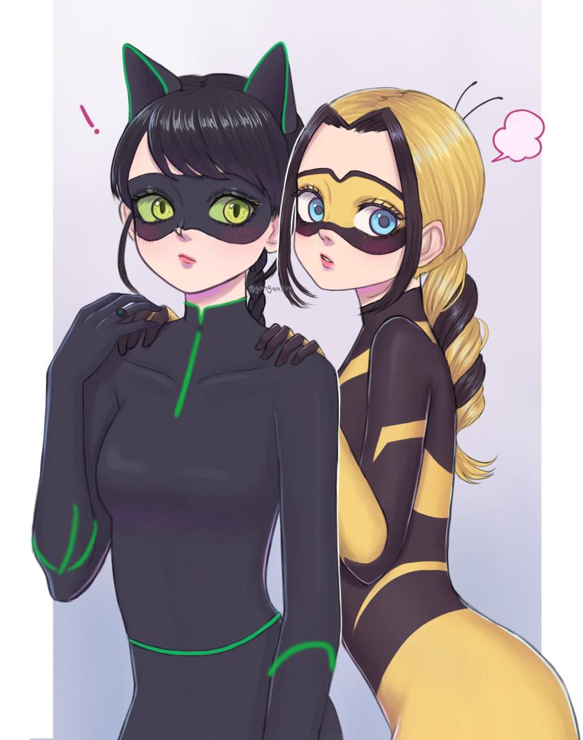 animal_ears, black_bodysuit, black_hair, black_mask, blonde_hair, blue_eyes, bodysuit, braid
