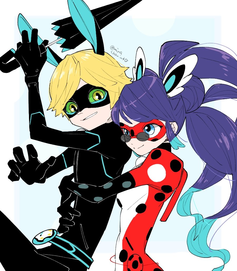 adrien_agreste, animal_ears, black_bodysuit, black_mask, blonde_hair, blue_eyes, blue_hair, bodysuit, chat_noir, closed_mouth, glasses, head_wings, holding, holding_umbrella, hug, hug_from_behind, long_hair, marinette_dupain-cheng, miracharink0, miraculous_ladybug, pennybug_(character), rabbit_ears, red_bodysuit, red_mask, simple_background, slit_pupils, smile, superhero_costume, twintails, umbrella, wings