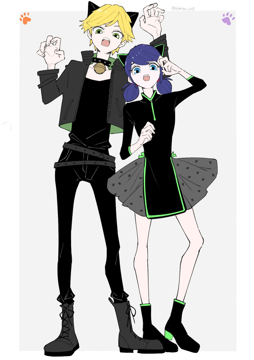 1boy, 1girl, adrien_agreste, animal_ears, bell, black_dress, black_footwear, black_jacket