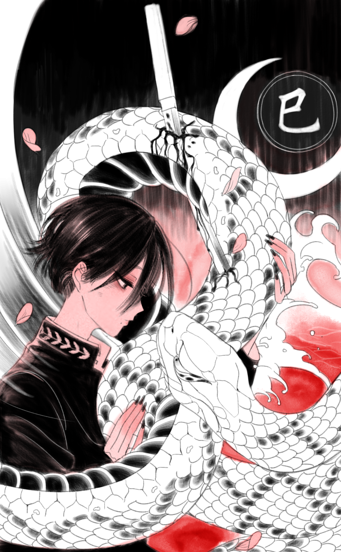 1boy, animal, black_eyes, black_hair, black_nails, blood, closed_mouth, dark