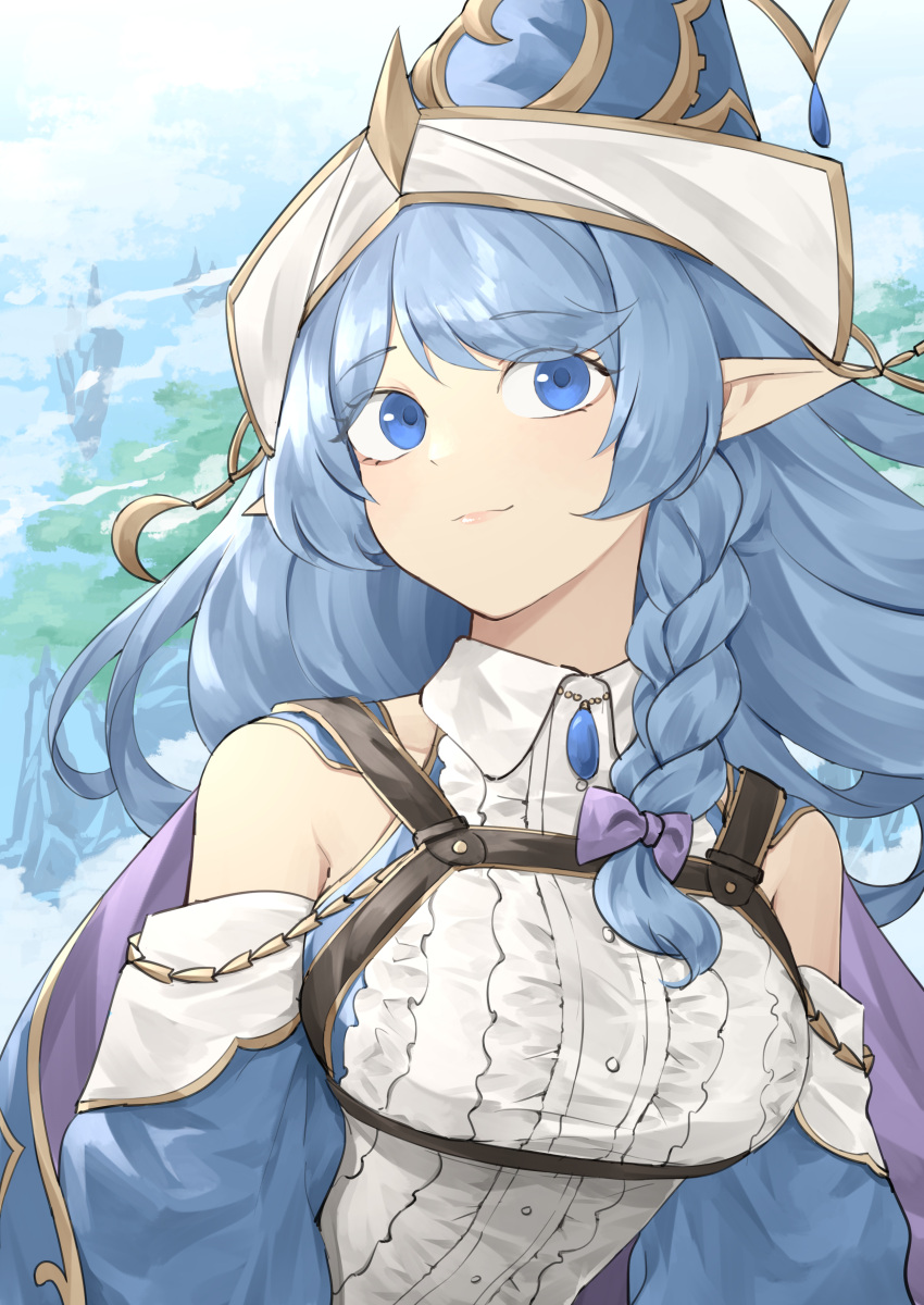 1girl, absurdres, bare_shoulders, blue_eyes, blue_hair, braid, breasts, cape