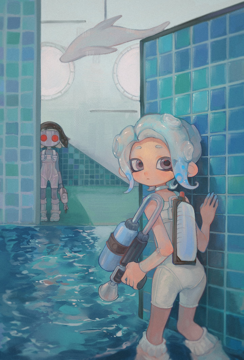 2girls, :<, agent_8_(splatoon), arm_at_side, bare_shoulders, black_hair, blue_hair, bodysuit