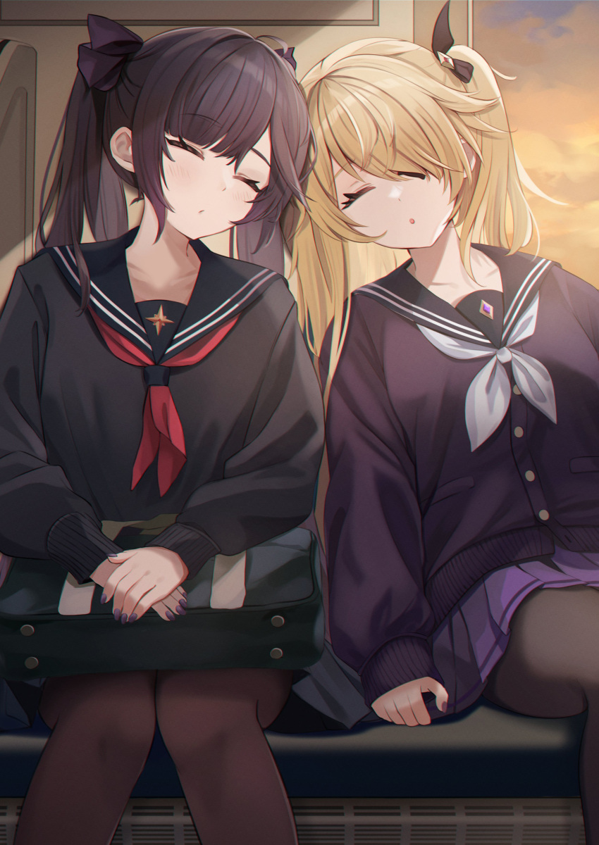 2girls, absurdres, alternate_costume, bag, bag_on_lap, black_hair, black_sailor_collar, black_serafuku, blonde_hair, cardigan, closed_eyes, commentary_request, fischl_(genshin_impact), genshin_impact, highres, leaning_on_person, long_hair, long_sleeves, mona_(genshin_impact), multiple_girls, neckerchief, open_mouth, pleated_skirt, purple_cardigan, purple_skirt, red_neckerchief, sailor_collar, school_bag, school_uniform, serafuku, sitting, skirt, sunset, twintails, white_neckerchief, yutoriko_(candy0905)