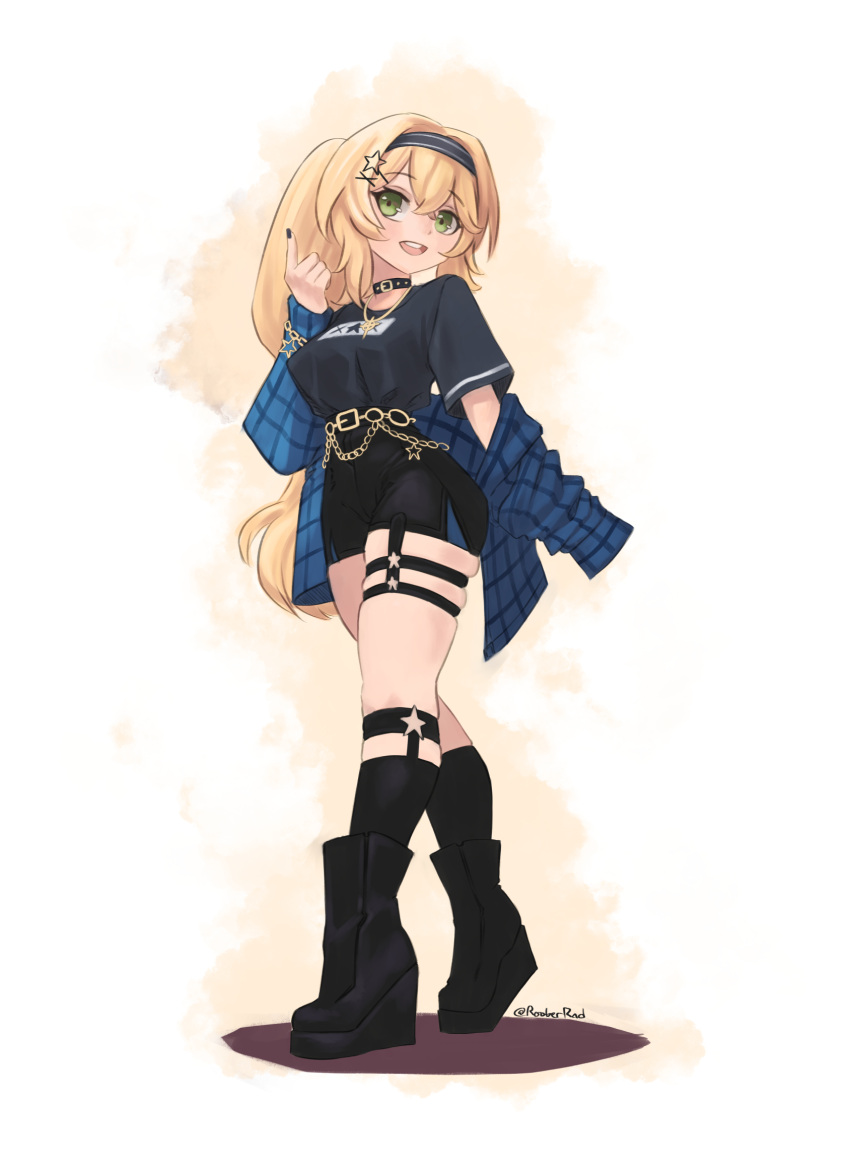 1girl, alternate_costume, black_footwear, black_headband, black_nails, black_shirt, black_shorts, blonde_hair