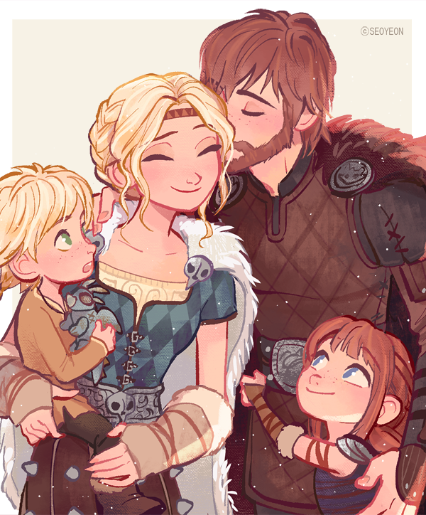 2boys, 2girls, argyle_clothes, argyle_shirt, armor, artist_name, astrid_hofferson, beard