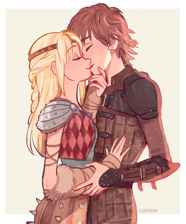 1boy, 1girl, armor, artist_name, astrid_hofferson, blonde_hair, border, brown_hair