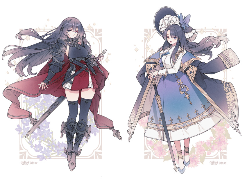 armor, black_hair, black_thighhighs, blue_bow, blue_coat, blue_eyes, blue_flower, blue_footwear, blue_headdress, blue_skirt, bow, bracer, breasts, cape, coat, coat_on_shoulders, double-parted_bangs, embroidery, fashion, floral_background, flower, full_body, greatsword, greaves, hair_ornament, heterochromia, hip_armor, holding, holding_sword, holding_weapon, large_breasts, lemon89h, long_hair, long_skirt, looking_at_viewer, medium_breasts, original, parted_bangs, pauldrons, pink_flower, red_cape, red_lips, red_skirt, shirt, shoulder_armor, sidelocks, skirt, standing, sword, thigh-highs, weapon, white_shirt, yellow_eyes