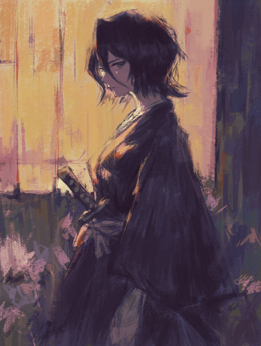 1girl, absurdres, black_eyes, black_hair, black_kimono, bleach, commentary, hair_between_eyes