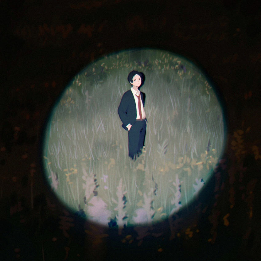 1boy, adachi_tooru, black_hair, black_suit, field, formal, hands_in_pockets, highres, jacket, long_sleeves, looking_at_viewer, loose_necktie, male_focus, necktie, persona, persona_4, red_necktie, shirt, short_hair, solo, spotlight, suit, tedty33, white_shirt