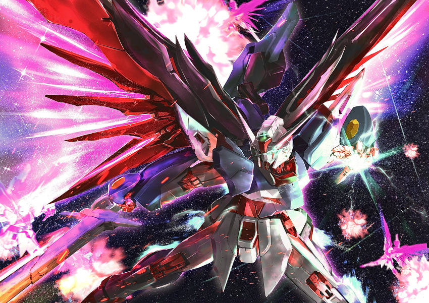 absurdres, afterimage, battle, commentary_request, destiny_gundam_spec_ii, energy_sword, energy_wings, explosion