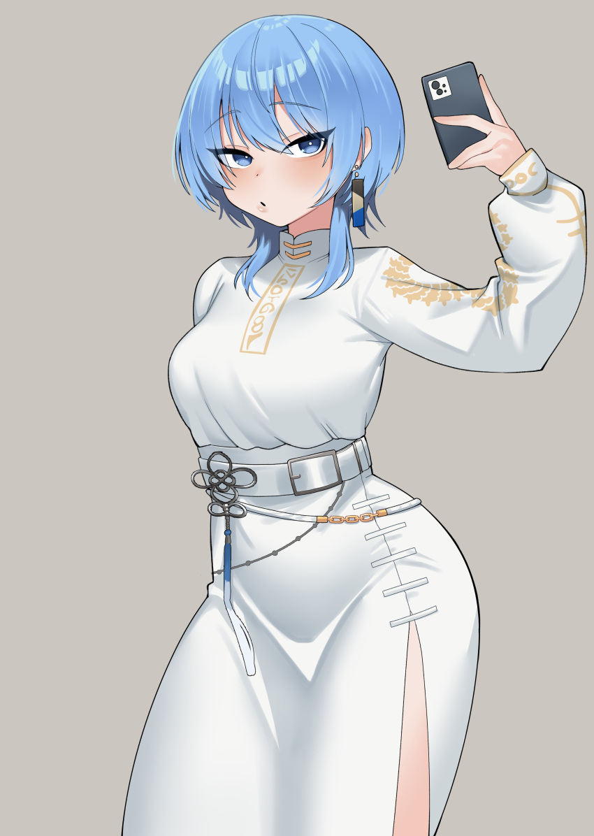 1girl, absurdres, arm_behind_back, awan_raccoon, belt, blue_eyes, blue_hair, breasts, bright_pupils, cellphone, cowboy_shot, earrings, grey_background, hair_between_eyes, hand_up, highres, holding, holding_phone, hololive, hoshimachi_suisei, hoshimachi_suisei_(8th_costume), jewelry, long_sleeves, parted_lips, phone, shirt, simple_background, skirt, smartphone, solo, star_(symbol), star_in_eye, symbol_in_eye, virtual_youtuber, white_belt, white_pupils, white_shirt, white_skirt