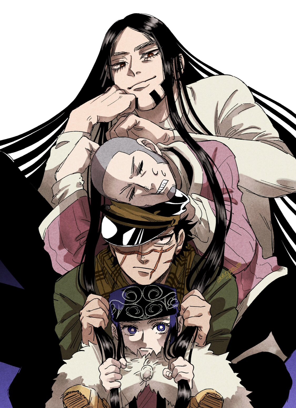 1girl, 3boys, asirpa, beard, black_hair, black_pants, buzz_cut, clenched_teeth