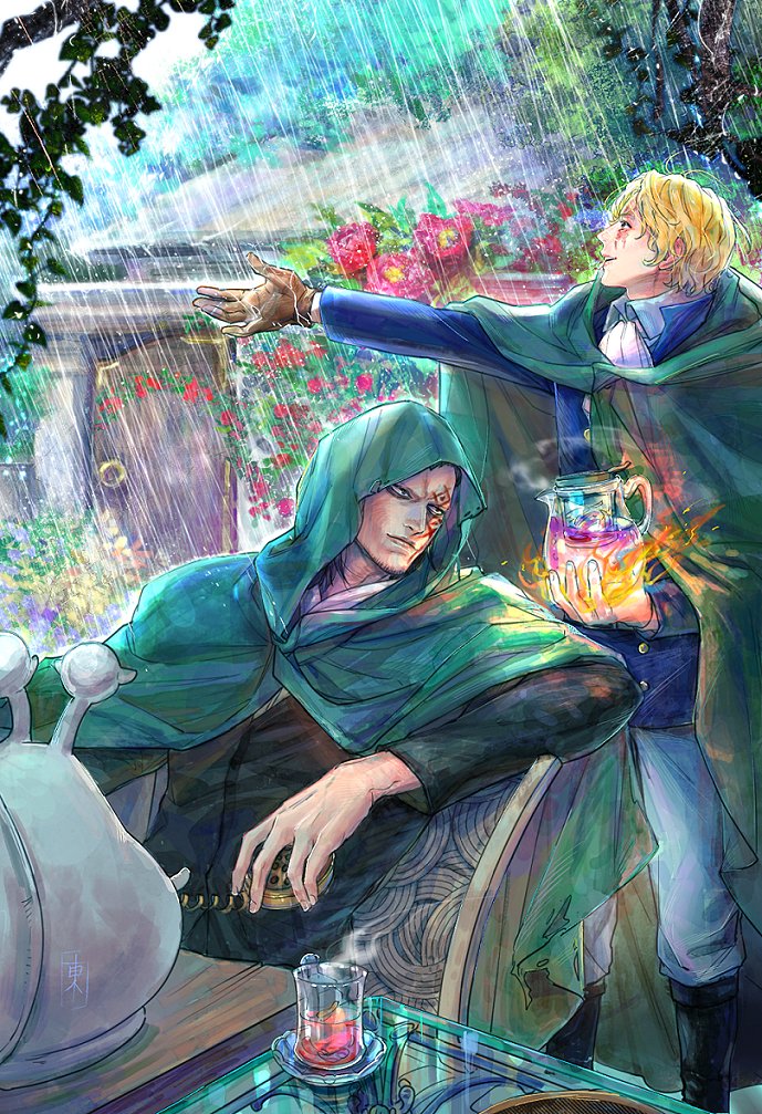 2boys, ascot, black_hair, black_shirt, blonde_hair, blue_shirt, brown_gloves, den_den_mushi