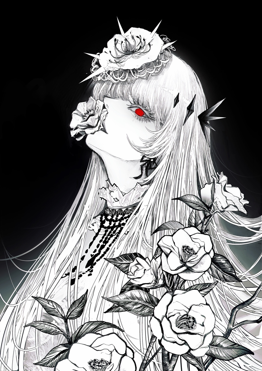 1girl, absurdres, chinese_commentary, collar, commentary_request, coquelic_(path_to_nowhere), flower, flower_in_mouth, frilled_collar, frills, hair_flower, hair_ornament, hair_over_one_eye, head_back, highres, long_hair, looking_at_viewer, looking_down, partially_colored, path_to_nowhere, poppy_(flower), red_eyes, ribbon_earrings, solo, straight_hair, teardrop_facial_mark, upper_body, yu_zhezhe