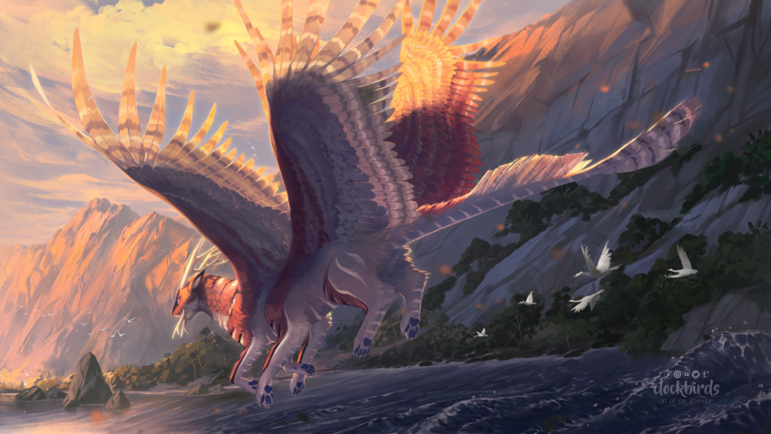 animal_focus, artist_name, bird, blue_sky, clockbirds, clouds, commentary, crane_(animal), creature, english_commentary, fantasy, feathered_wings, flying, from_side, grey_wings, highres, horns, landscape, moss, mountain, multiple_wings, no_humans, orange_wings, original, partially_feathered_tail, photoshop_(medium), river, rock, simple_bird, sky, solo, spread_wings, sunset, watermark, waves, white_horns, winged_animal, wings