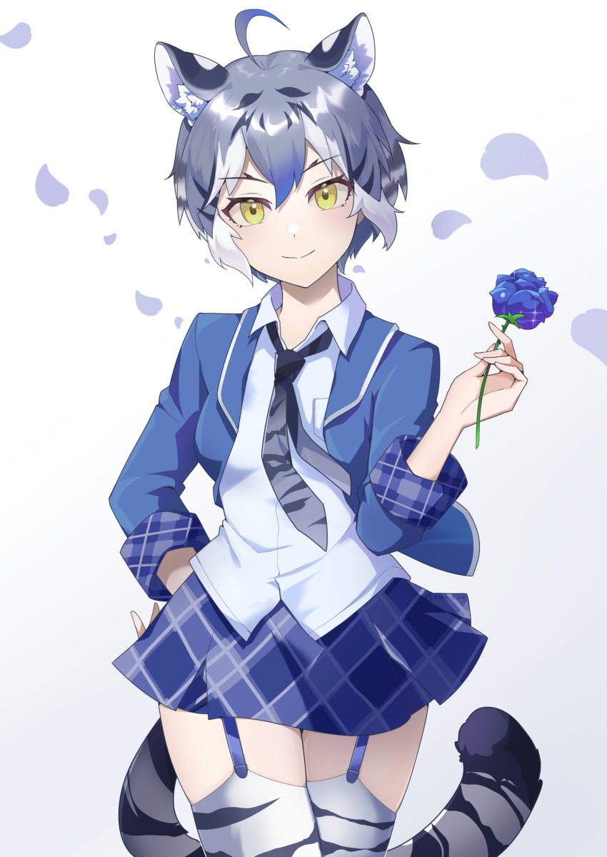 1girl, absurdres, animal_ears, animal_print, blue_flower, blue_hair, blue_jacket, blue_rose