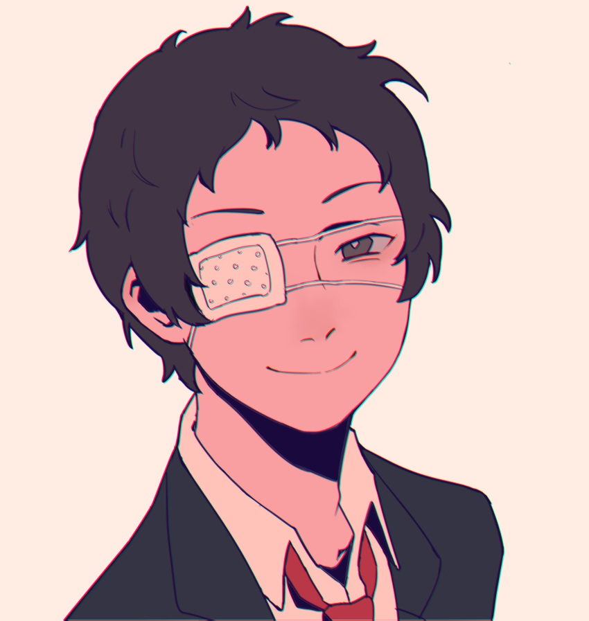 1boy, adachi_tooru, black_hair, bright_pupils, brown_eyes, closed_mouth, eyepatch, formal