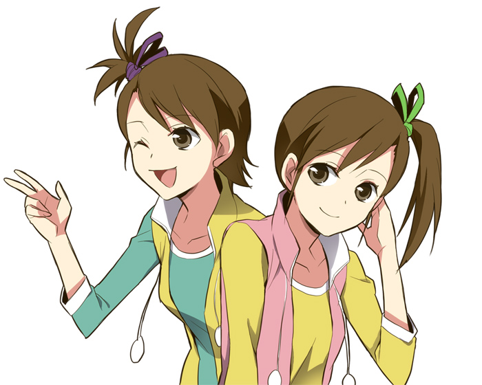 brown_hair, dorei_k, futami_ami, futami_mami, idolmaster, idolmaster_2, long_hair, short_hair, siblings, side_ponytail, sisters, twins
