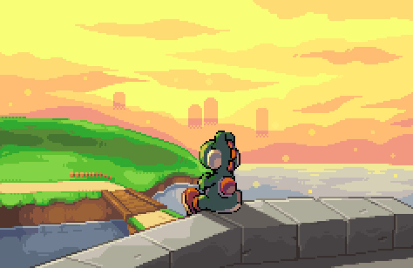 bridge, clouds, commentary, english_commentary, facing_away, fence, from_behind, grass, highres, hill, no_humans, outdoors, path, pixel_art, pixel_pit, scenery, sitting, sitting_on_wall, sky, solo, stone_wall, sunset, super_mario_64_ds, super_mario_bros., water, wooden_bridge, wooden_fence, yellow_sky, yoshi
