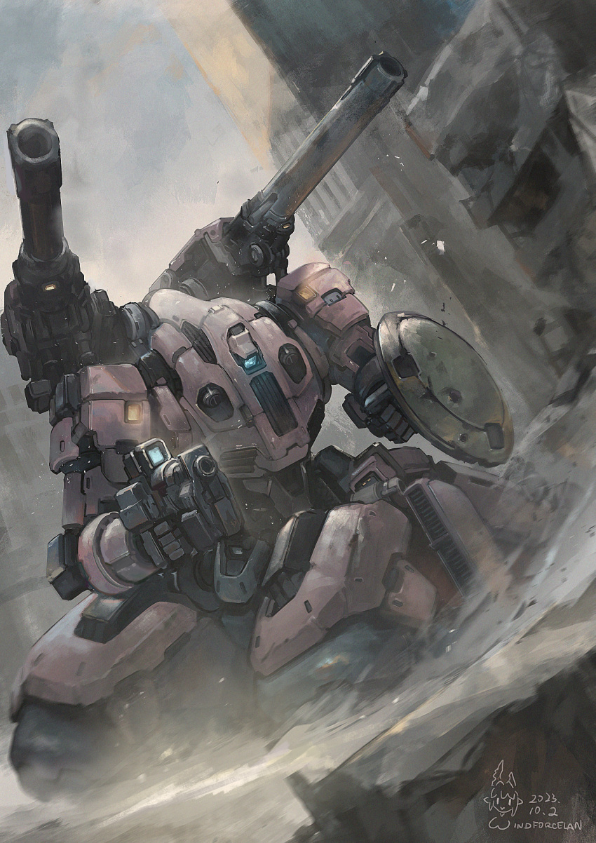 aiming, arm_shield, artist_logo, artist_name, building, chinese_commentary, commentary_request, dated, day, dust_cloud, gun, gundam, gundam_wing, highres, holding, holding_gun, holding_weapon, mecha, mecha_focus, no_humans, outdoors, robot, ruins, science_fiction, shoulder_cannon, solo, tragos, weapon, windforcelan