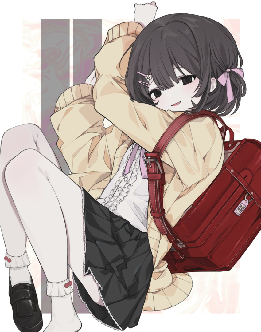 1girl, backpack, bag, black_eyes, black_footwear, black_skirt, blank_eyes, blunt_bangs