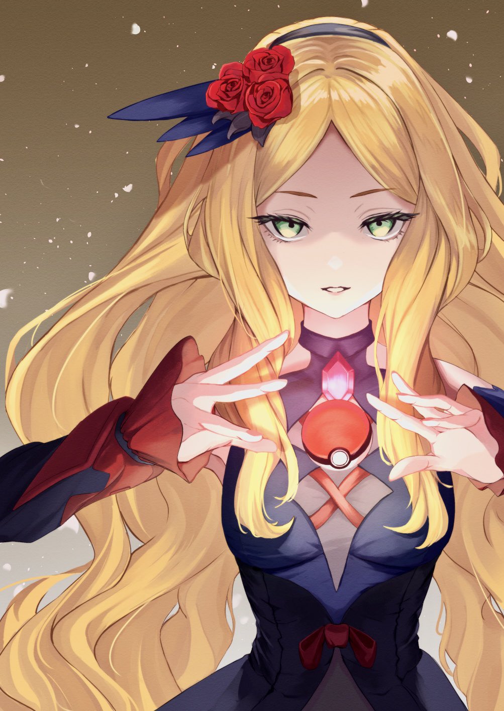 1girl, black_hairband, blonde_hair, brown_background, caitlin_(fall_2021)_(pokemon), caitlin_(pokemon), commentary_request, eyelashes