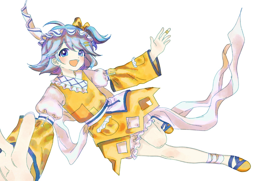 1girl, bandaged_ankle, bingkuaihei, bloomers, blue_eyes, blue_hair, blue_trim, bow, character_request, commentary_request, flat_chest, hair_bow, hair_ornament, hairclip, highres, jewelry, light_blue_hair, long_sleeves, medium_hair, meet_again_in_the_night, one_side_up, open_mouth, original, puffy_sleeves, ring, shirt, simple_background, skirt, smile, solo, touhou, vest, white_background, white_bloomers, white_shirt, yellow_bow, yellow_footwear, yellow_skirt, yellow_vest