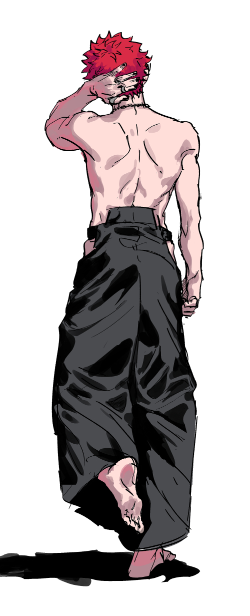1boy, arm_behind_head, bare_back, bare_shoulders, barefoot, black_nails, black_pants, chain_necklace
