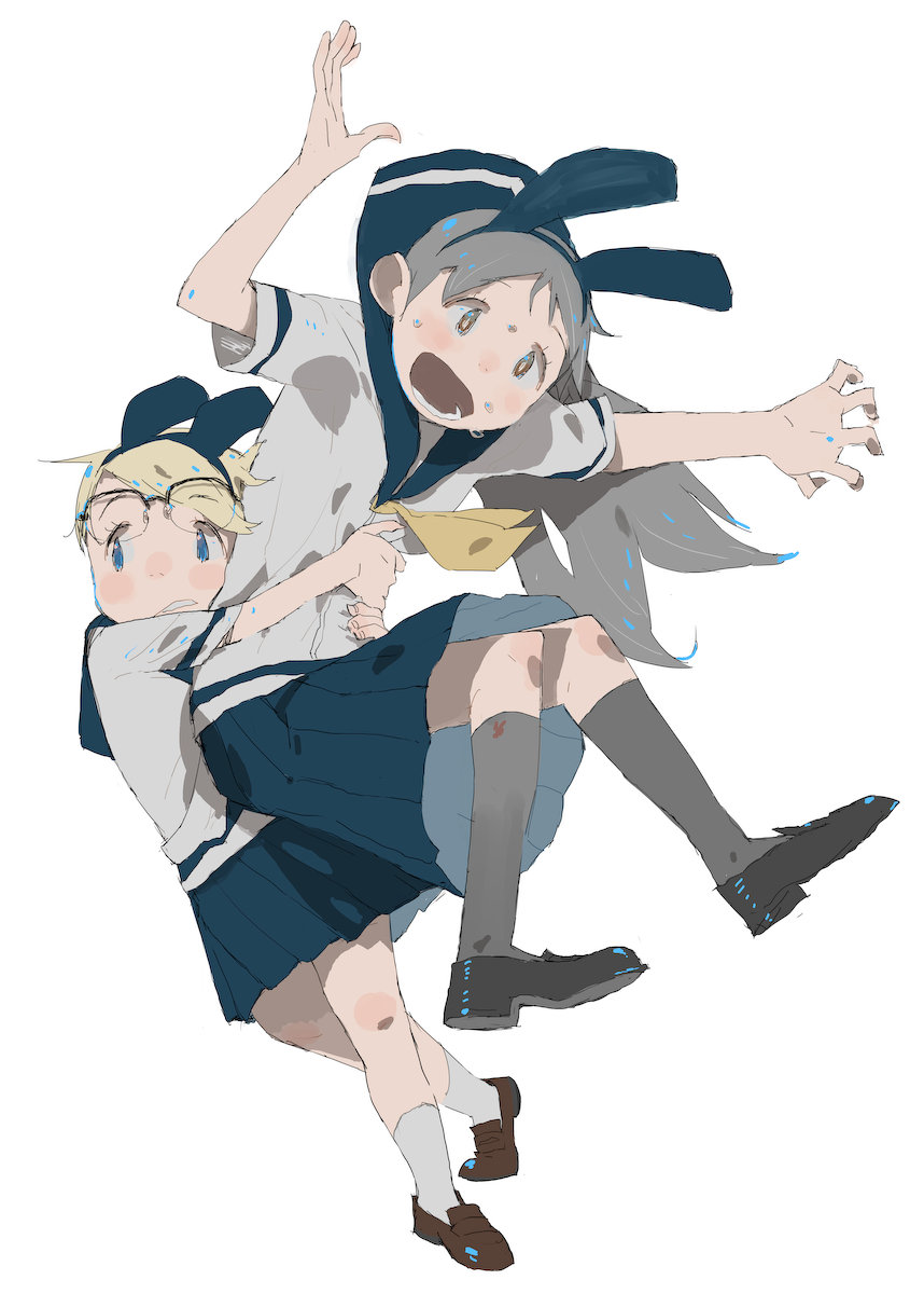 2girls, arms_up, black_footwear, blonde_hair, blue_eyes, blue_skirt, blush_stickers, brown_footwear, carrying, carrying_person, clenched_teeth, eyewear_on_head, full_body, glasses, grey_hair, grey_socks, hara_(pencilpen), highres, legs, long_hair, looking_to_the_side, lower_teeth_only, multiple_girls, original, polka_dot, school_uniform, serafuku, shirt, shoes, short_sleeves, simple_background, skirt, socks, sweat, tareme, teeth, white_background, white_shirt