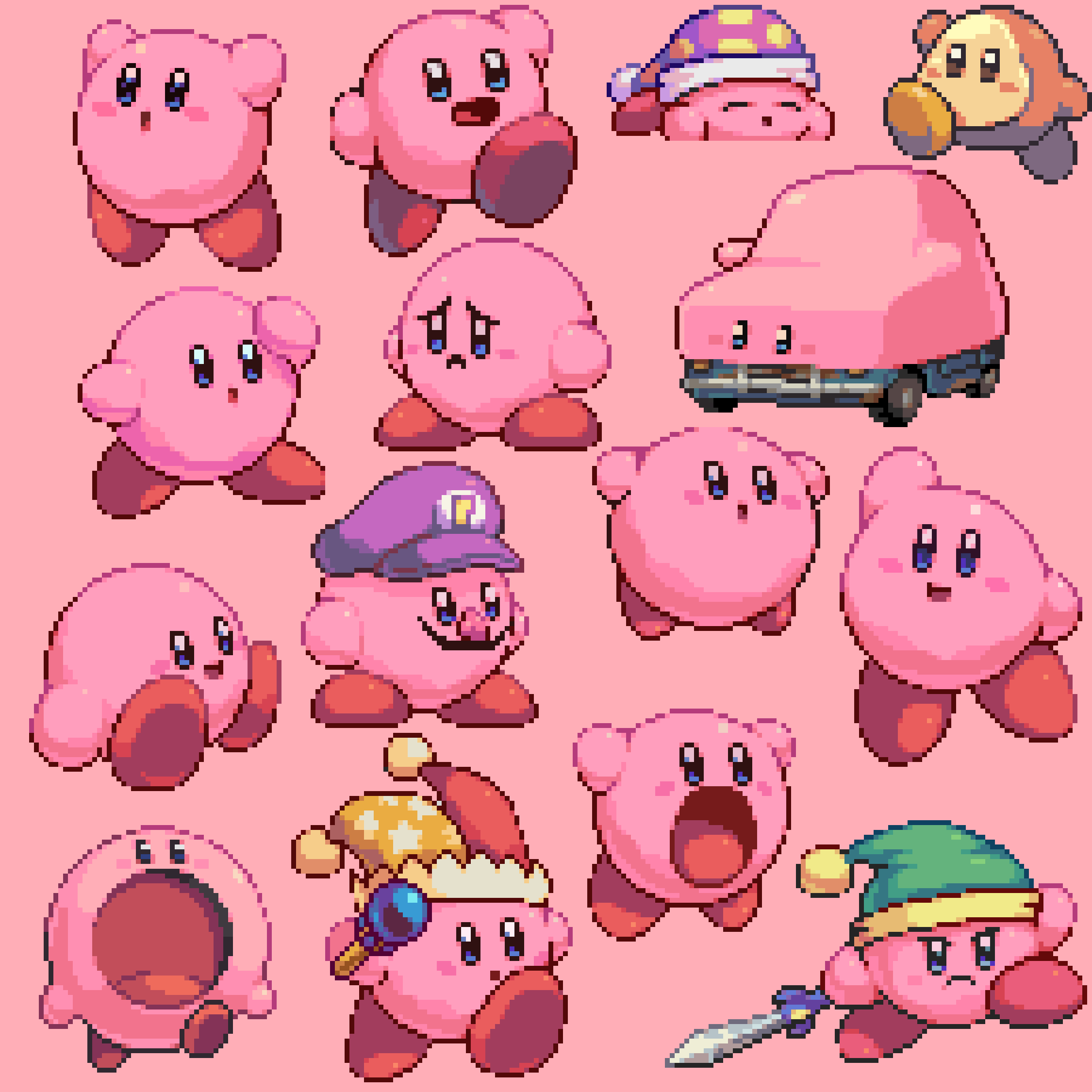 :d, :o, arm_up, arms_up, beam_kirby, blue_eyes, blush, blush_stickers, brown_eyes, car, car_mouth, closed_eyes, closed_mouth, commentary, copy_ability, cosplay, english_commentary, facial_hair, fake_facial_hair, fake_mustache, fake_nose, flying, frown, green_hat, hat, highres, holding, holding_sword, holding_wand, holding_weapon, jester_cap, kirby, kirby_(series), kirby_and_the_forgotten_land, looking_at_viewer, lying, motor_vehicle, mouthful_mode, multicolored_hat, multiple_views, mustache, nightcap, on_stomach, open_mouth, orange_hat, pink_background, pixel_art, pixel_pit, polka_dot, polka_dot_headwear, purple_hat, raised_eyebrows, red_hat, ring_mouth, sad, serious, simple_background, sitting, sleep_kirby, sleeping, smile, star_(symbol), star_print, super_mario_bros., sword, sword_kirby, v-shaped_eyebrows, waddle_dee, walking, waluigi, waluigi_(cosplay), wand, waving, weapon