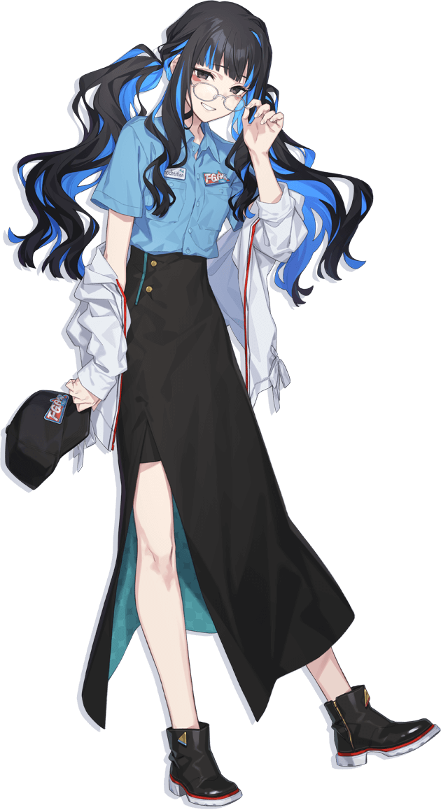 1girl, adjusting_eyewear, black_footwear, black_hair, blue_hair, blue_shirt, colored_inner_hair, fate/grand_order