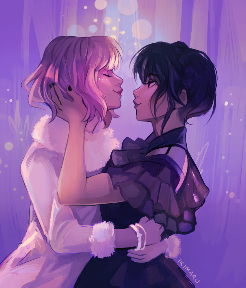 2girls, addams_family, artist_name, black_hair, black_nails, blonde_hair, blurry, bokeh