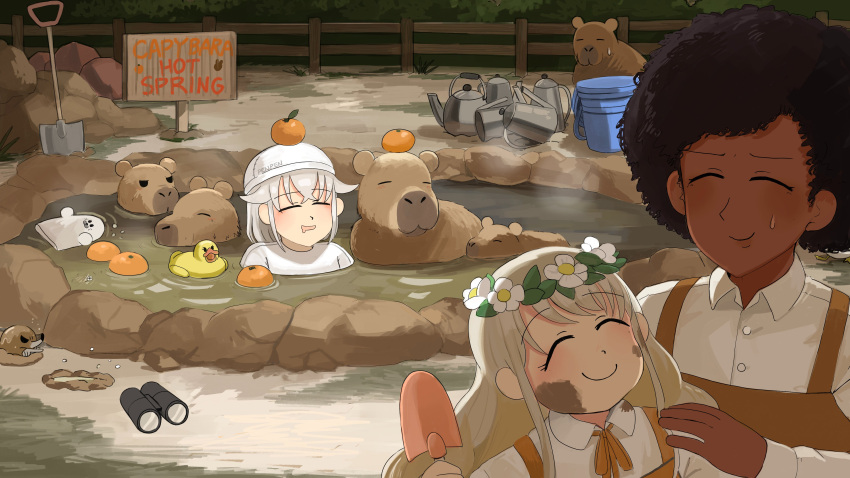 3girls, absurdres, afro, binoculars, bird, brown_overalls, bucket, capybara