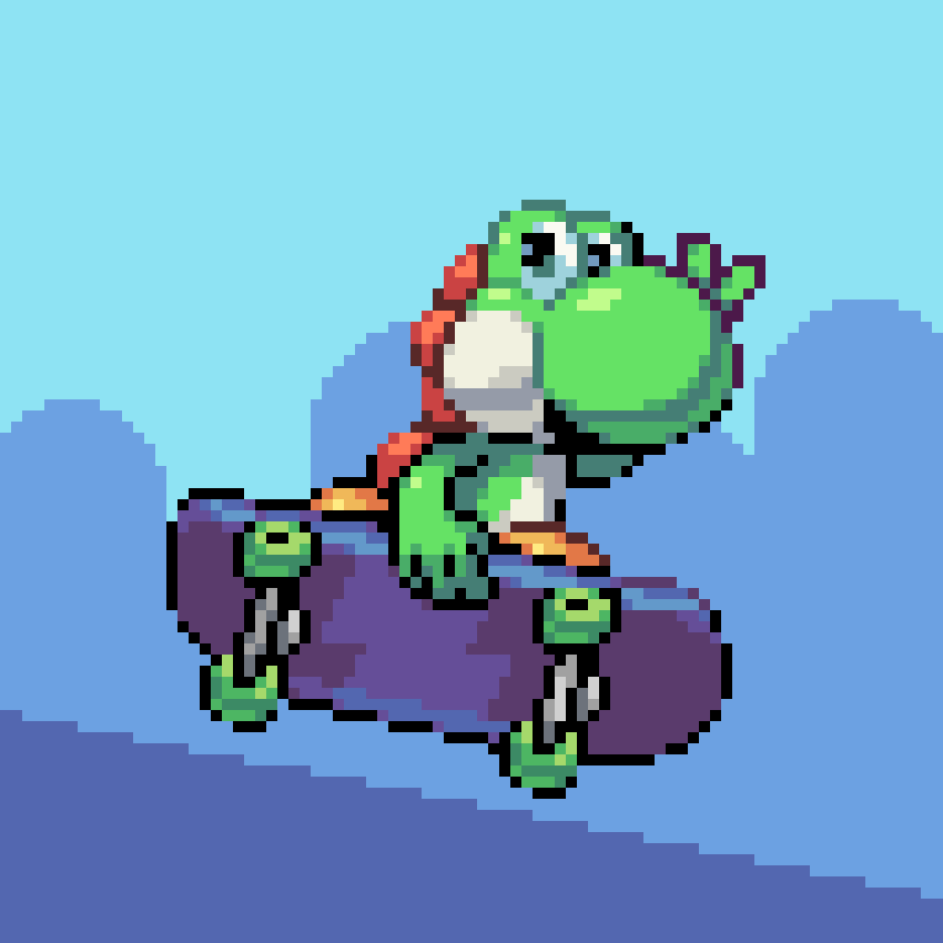 arm_up, black_eyes, blue_sky, commentary, day, english_commentary, hill, looking_at_viewer, no_humans, outdoors, pixel_art, pixel_pit, silhouette, skateboard, skateboarding, sky, solo, super_mario_bros., v, yoshi