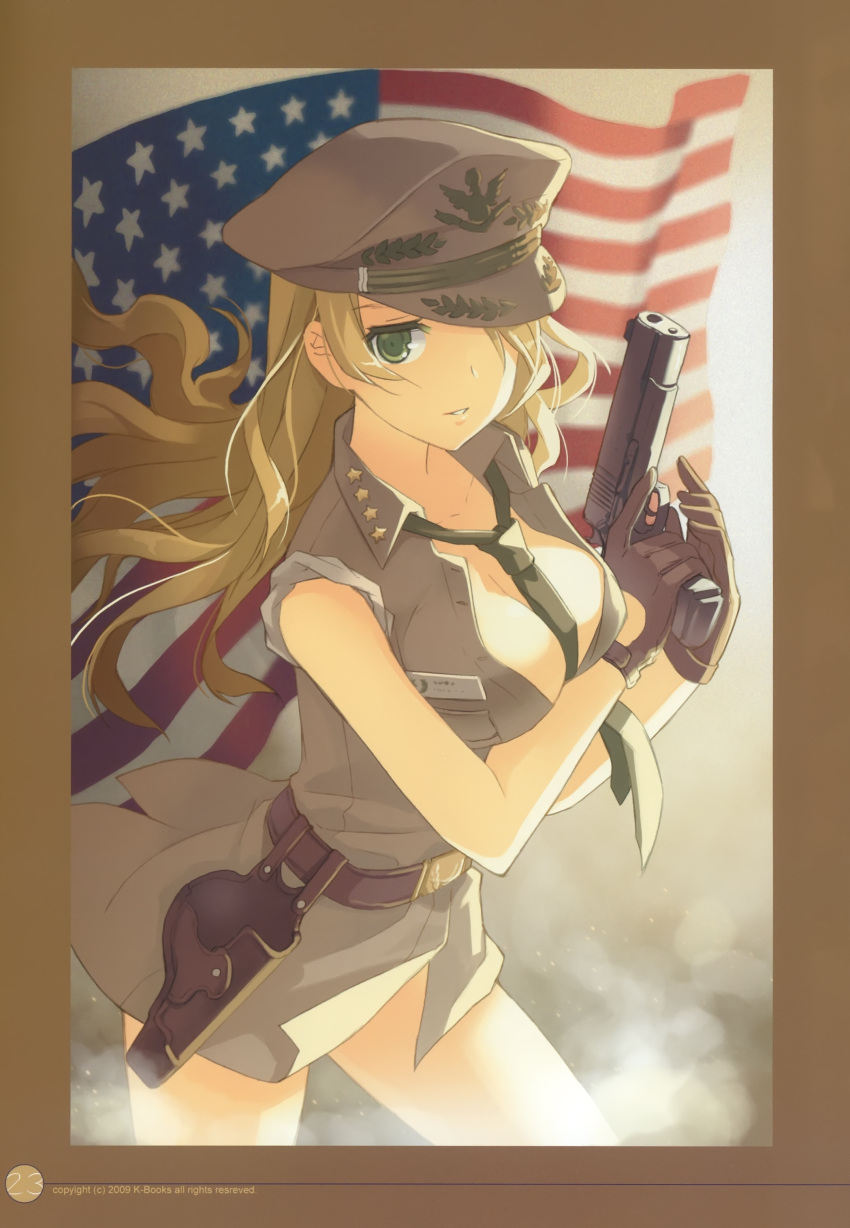 america, american_flag, between_breasts, blonde_hair, breasts, card_(medium), cleavage, douglas_macarthur, error, frame, gloves, green_eyes, gun, h2so4, hair_over_one_eye, handgun, hat, highres, holster, k-books_original_gunjin_shougi_card, kimberley_morgan, long_hair, m1911, military, military_uniform, necktie, no_bra, original, pistol, shougi, sleeves_rolled_up, solo, trigger_discipline, uniform, weapon, world_war_ii