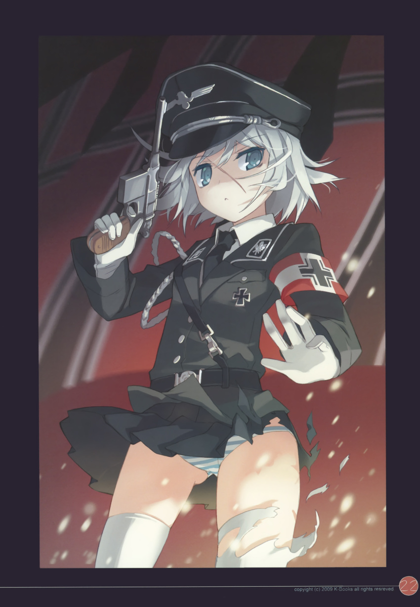 aiguillette, balkenkreuz, blue_eyes, bridget_rosenfeld, card_(medium), german, gloves, gun, h2so4, handgun, hat, highres, k-books_original_gunjin_shougi_card, mauser_c96, military, military_uniform, original, panties, pistol, shougi, solo, striped, striped_panties, thigh-highs, thighhighs, torn_clothes, torn_thighhighs, underwear, uniform, weapon, wind_lift