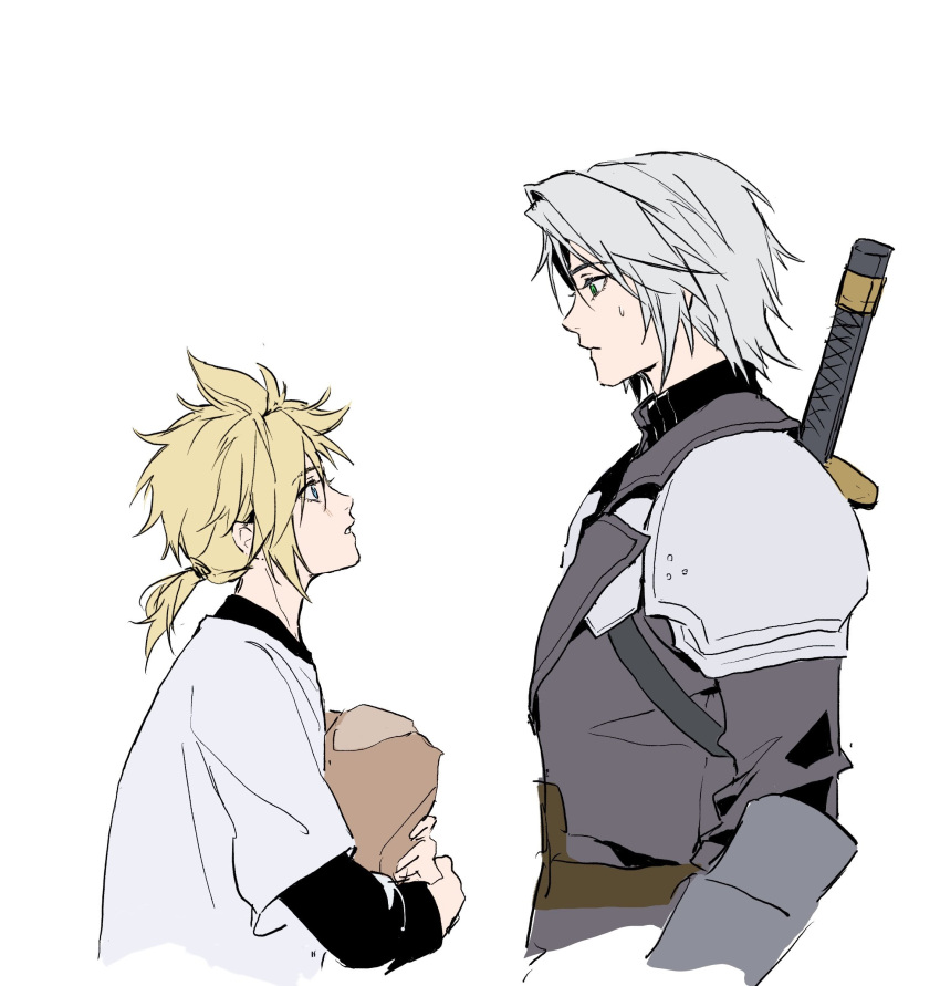 2boys, aged_down, arm_armor, armor, belt, black_coat, black_shirt, black_sweater