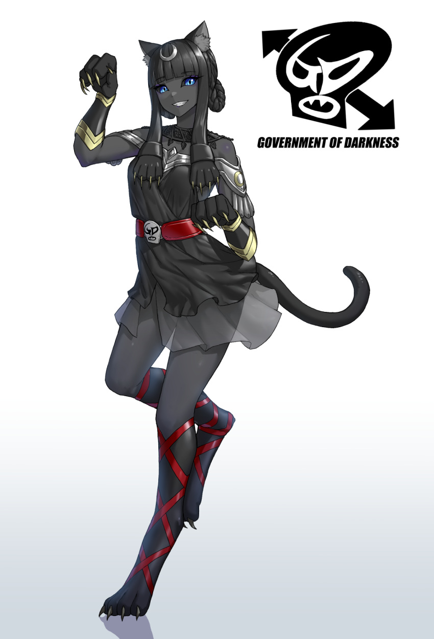 1girl, animal_ears, animal_feet, animal_hands, black_hair, black_sclera, black_skin, blue_eyes