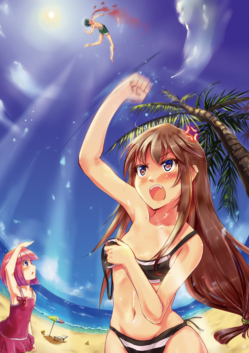 akai_ringo, angry, beach, bikini, blood, blush, brown_eyes, brown_hair