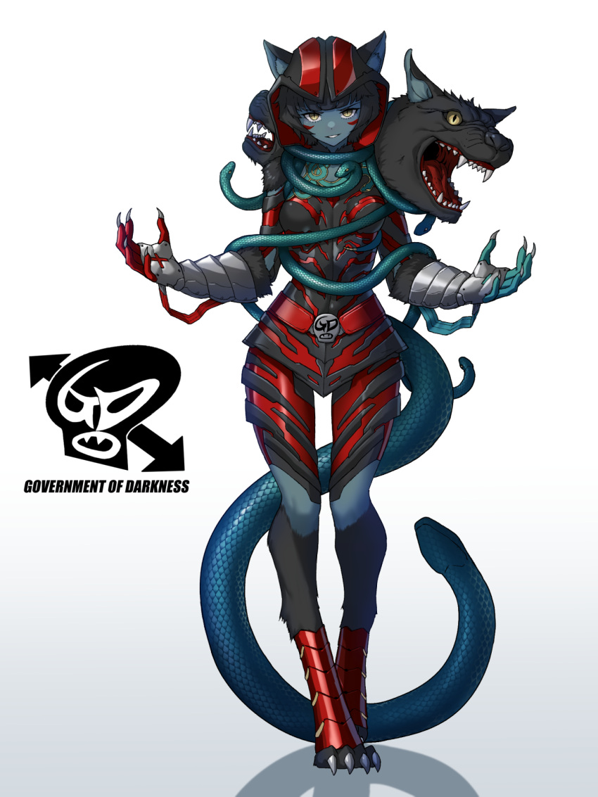 1girl, animal_ear_fluff, animal_ears, animal_feet, armor, black_hair, cerberus, character_request