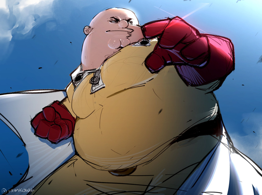 1boy, bald, belt, black_belt, blue_sky, cleft_chin, clenched_hand, clouds, cosplay, day, family_guy, fat, fat_man, gloves, highres, jumpsuit, kowai_(iamkowai), male_focus, one-punch_man, outdoors, peter_griffin, red_gloves, saitama_(one-punch_man), saitama_(one-punch_man)_(cosplay), sky, solo, superhero_costume, yellow_jumpsuit